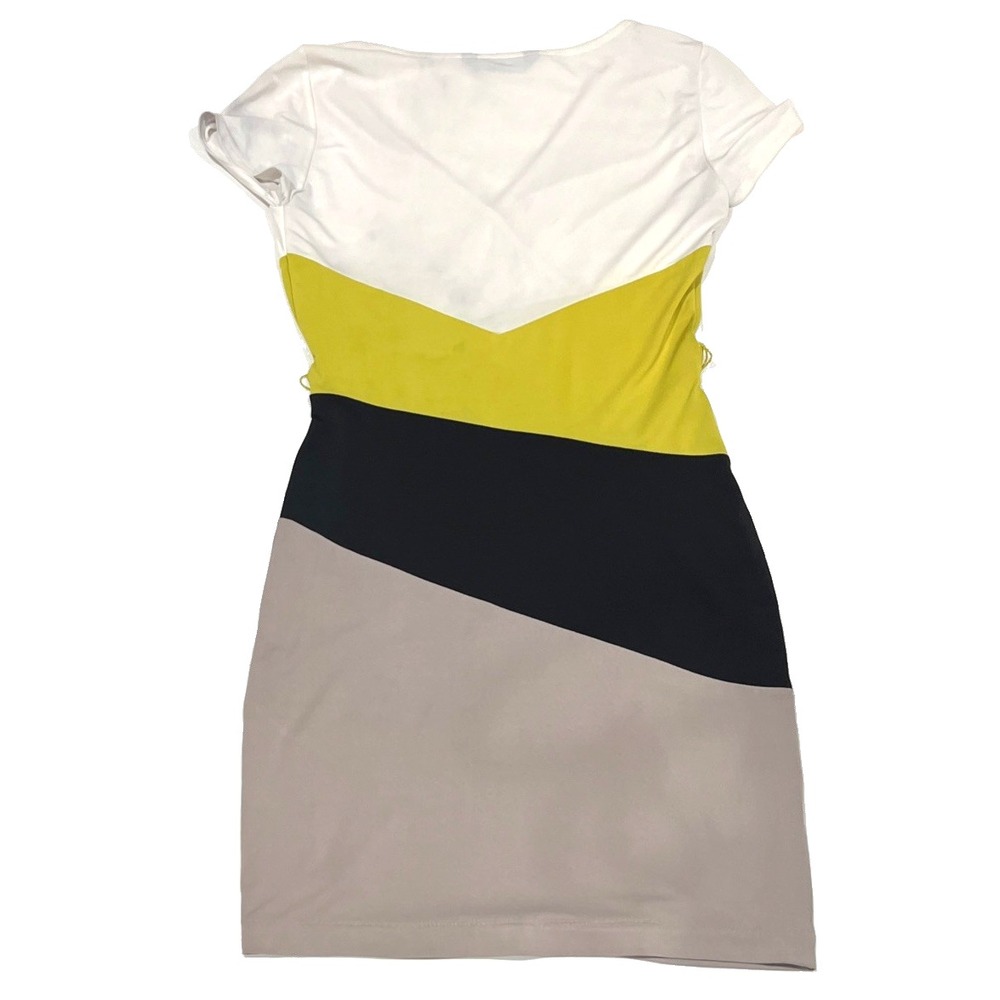 BCBGMAXAZRIA Colorblock Wrap Dress Short Sleeve V-Neck Lime Green Black White